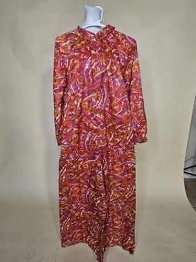 Vintage 60s Vibrant Red-Pink Abstract Print Palazzo Jumpsuit